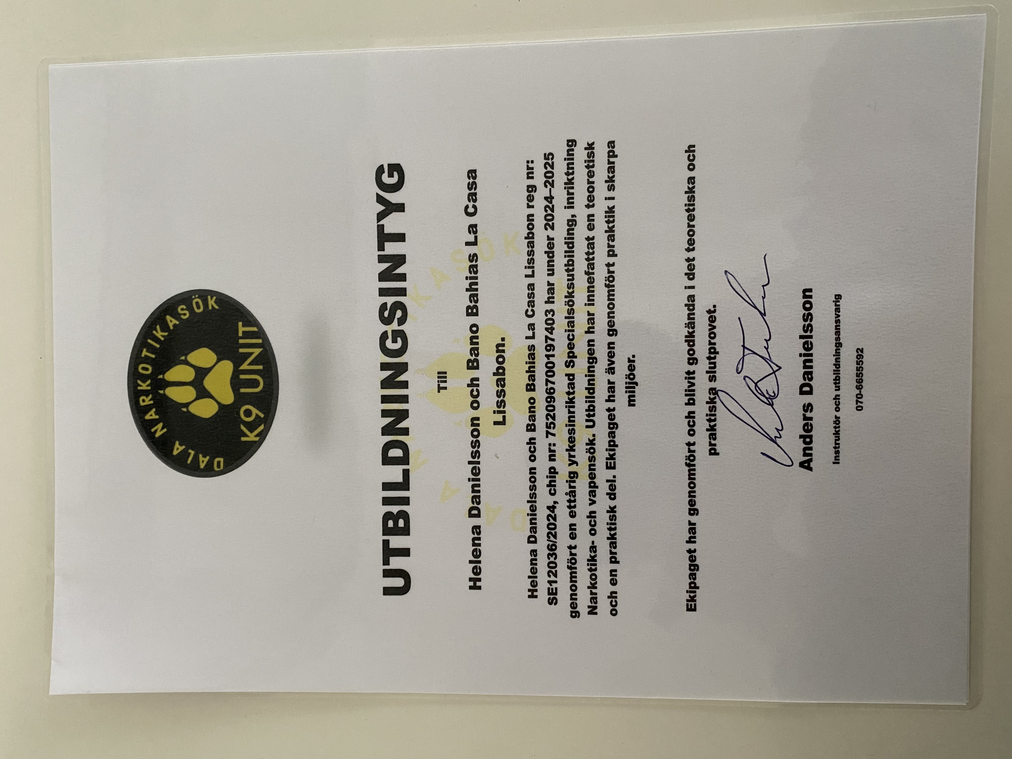Utbildningsintyg från Dala Narkotikasök K9 Unit